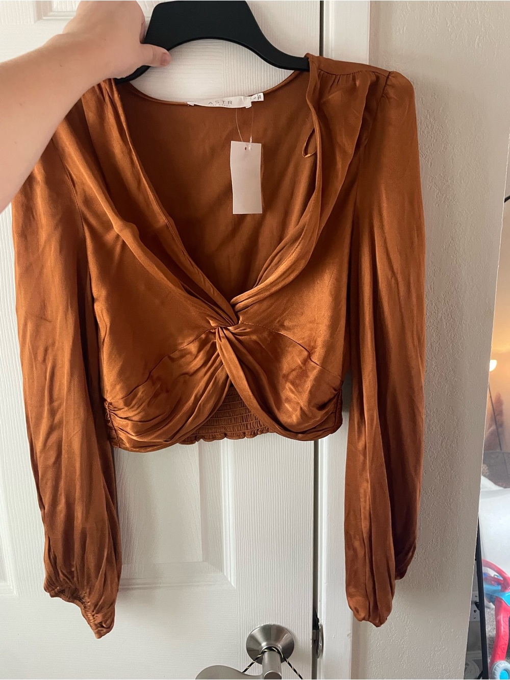 Astr Rust Satin Twist-Front Long Sleeve Crop Top